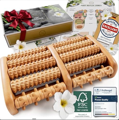 HELDSON® Foot Massager Roller Plantar Fasciitis Pain Relief - Wooden Under Desk Feet Massage - Dual Manual Heel Massagers - Wood Rolling Acupressure Tool with Reflexology Guide - Gift for Men, Women