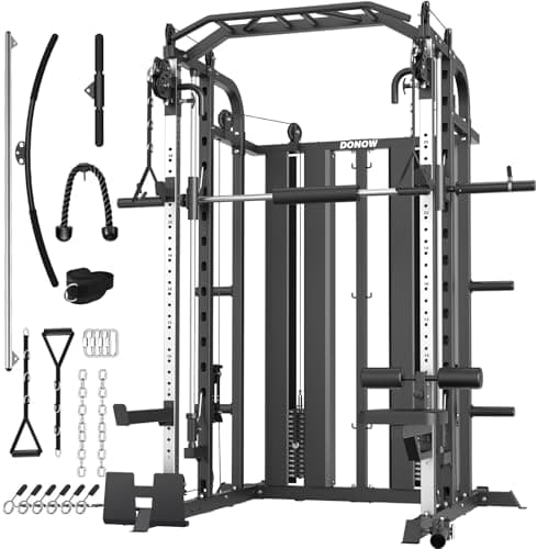 DONOW Smith Machine with Weight Stacks, Multi Function Home Gym System Training Power Cage Squat Rack Dual Cable Crossover Machine All in One