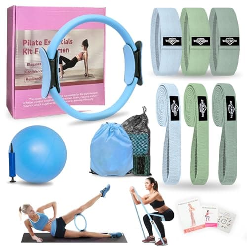 DICYWUDI Pilates Essentials Kit for Home Women, Pilates Equipment for Workouts, 6 Fabric Resistance Bands, 12 Inch Magic Circle Yoga Ring, Mini Exercise Ball, Great Exercise Accessories