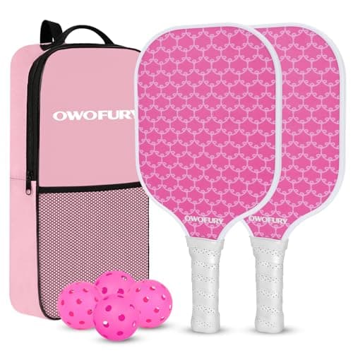 OWOFURY Pickleball Paddles Set of 2, Fiberglass Surface Pickleball Rackets Lightweight Honeycomb Core with 4 Outdoor Indoor Balls and Bag for Men Women Cute Pink