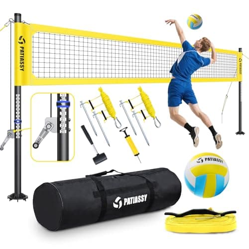 Professional Heavy Duty Volleyball Net Set for Backyard & Beach, Outdoor Net System with Steel Anti-Sag Winch, 32FT Reinforced Net, Height Adjustable Rust-Resistant Aluminum Poles, Portable Carry Bag