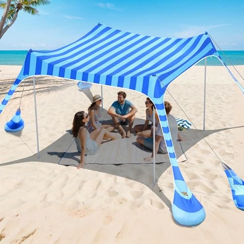 2PM SPORTS Beach Tent Sun Shelter 10x10 FT - UPF 50+ UV Protection, 8 Sandbags, Easy Setup, Portable Beach Shade Canopy for Family Picnic Camping Travel