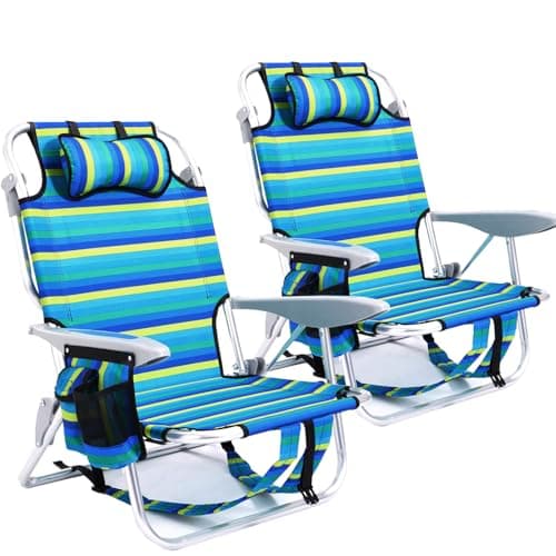 Canpsky 2 Pack Lightweight Portable Camping Beach Chair for Adults, Outdoor Lay Flat Folding Beach Chairs with 5 Positions, Backpack Beach Chair with Towel Bar, Zipper Pouch, Cup Holder, Ocean Striped