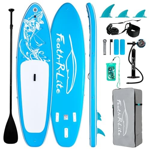FEATH-R-LITE Inflatable Paddle Board Stand Up Paddleboards for Adults SUP with Complete Premium Accessories Pump, Adjustable Paddle, Leash, Three Fins, Waterproof Phone Bag, Repair Kit, Backpack