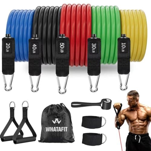 WHATAFIT Resistance Bands,Exercise Bands,Workout Bands with Handles,Door Anchor and Ankle Straps,5 Resistance Levels Fitness Bands,for Strength,Training, Physical Therapy, and Home Gym Equipment