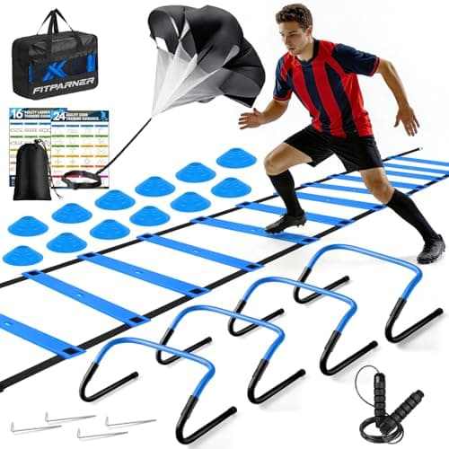 Agility Ladder,Soccer Training Equipment Set-20ft Speed Ladder,12 Soccer Cones,4 Hurdles,Jump Rope,Running Parachute,Basketball Football Agility Training Equipment for Kids, Youth, Adults (Blue)