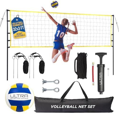 Volleyball Net for Backyard, Beach, Home, Includes 32x3 Ft Regulation Size Net, 8.5-Inch PU Volleyball, Carrying Bag, Boundary Lines, Steel Poles & Pump, Portable Volleyball Net Outdoor and Indoor