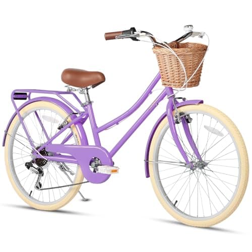 Glerc 24 Inch Beach Cruiser Bike, 6-Speed Hybrid City Bicycle for Girls Youth and Over 6 Years Old, Missy Bike with Wicker Basket & Lightweight, Purple