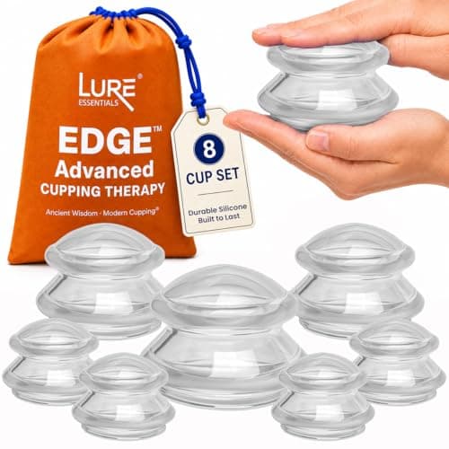 Lure Essentials Edge Silicone Cupping Set, Cupping Kit for Massage Therapy, Long Lasting Cups for Professional & Home Use, Body Sculpt Cup for Cellulite, Ultra Transparent Clear (8 Count)