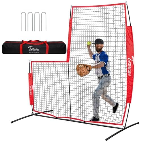 TARUMG Baseball & Softball Pitching Screen，L-Screen, 7x7FT Pitcher Protection Net with Upgrade Frame,Pitching Net for Backyard，Field Outdoor, Line Drive Protective L-Screen with Carry Bag (Red)