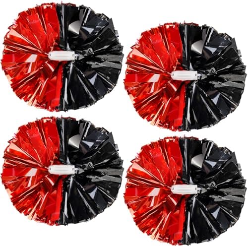 4Pcs Upgraded 12inch Metallic Cheerleading Pom Poms, HOLENGS Cheerleader Pompoms Cheer Poms for Kids Adults, Cheering Squad Pompoms for School Sports Games Dance Party (Black + Red)