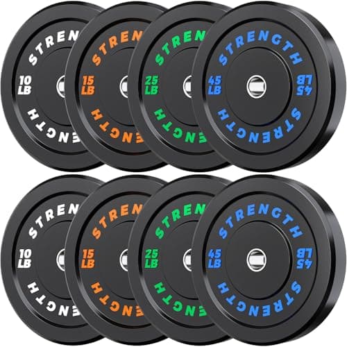 Rendpas 2-Inch Olympic Bumper Plates, 100% Virgin Rubber Low Bounce Barbell Weight Plates for Home Gym Strength Training, 10lb-45lb Black with Color-Coded