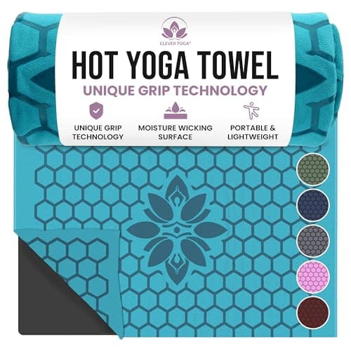 Clever Yoga Hot Yoga Mat Towel – Non-Slip Grip for Hot Yoga, Sweat Absorbent, Honeycomb Silicone Grip, Stays Flat – Ideal for Pilates, Travel, Washable & Lightweight - Turquoise