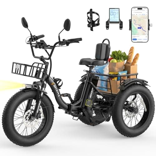 Skeri Electric Tricycle for Adults, 750W(Peak 1350W) Motor Etrike, 20"x4" Folding Fat Tire Electric Trike, 48V13Ah Battery, 3-Wheel Electric Bike, Front & Rear Basket & Differential, Classic Black