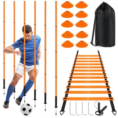 SMTPDT Soccer Agility Training Equipment: 6 Soccer Agility Poles, 20ft Agility Ladder, 10 Soccer Cones, 1 Jump Rope. Soccer Training Poles for Speed Training, Agility Training (Orange)