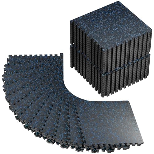 PRAISUN 0.6" Thicker Rubber Top Gym Flooring for Home Gym, 36 Pcs 144 Sq Ft Workout Mats, Exercise Mat, Interlocking Rubber Floor Mats with High Density EVA Foam for Garage, 24 x 24in, Black/Blue