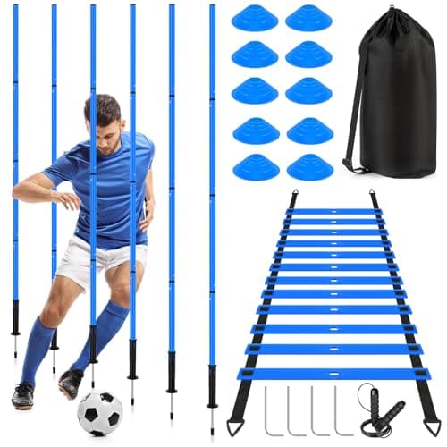 SMTPDT Soccer Agility Training Equipment: 6 Soccer Agility Poles, 20ft Agility Ladder, 10 Soccer Cones, 1 Jump Rope. Soccer Training Poles for Speed Training, Agility Training (Blue)