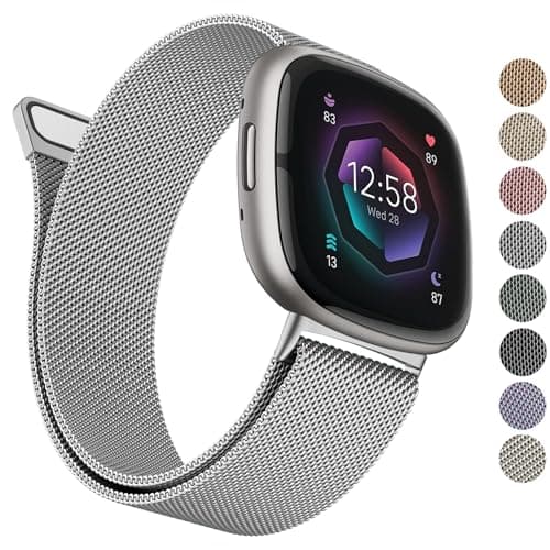 Metal Band Compatible with Fitbit Sense 2 /Sense Bands/Versa 4 / Versa 3 Bands Women Men, Stainless Steel Mesh Loop Strap for Fitbit Sense 2/Sense/Versa 4/Versa 3 Smart Watch (Large,Silver)