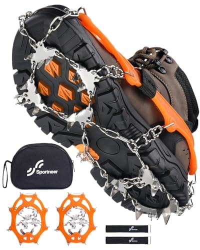 Sportneer Crampons: 28 Stainless Steel Spikes Traction Snow Grips for Shoes and Boots - Double Chain Heavy Duty Anti-Slip Ice Grippers for Men Women Walking Hiking Climbing Shoveling