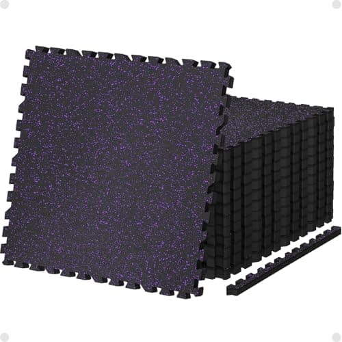 AIRHOP 0.79in Thick 48 Sq Ft Exercise Equipment Mats, 12 Tiles Upgraded Rubber Top with High Density EVA Foam, Large Interlocking Puzzle Gym Flooring for Home Gym, Heavy Weight Workout,Black & Purple