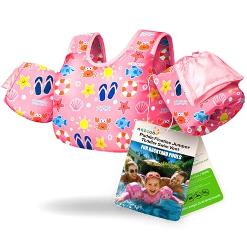 AEOCOO Toddler Swim Vest for 20-30 Pounds Kids, Puddle Pool Jumper for 1-2-3 Boys & Girls & Niños, Toddler Swim Aid Water Wings with Arm Floaties, Fun Patterns Float for Swimming Pool, Slipper