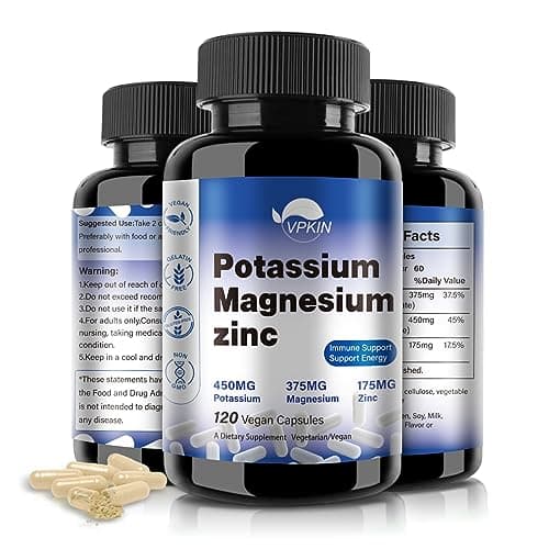 Potassium Magnesium Supplement 1000mg, High Absorption Magnesium Potassium Zinc,Support Immune,Non-GMO, Vegan, 120 Capsules (Pack of 1)