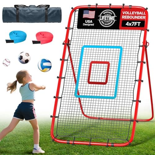 Volleyball Rebounder Net 7x4 Ft, 5-Angle Adjustable Rebounder Net for Practicing Digging, Setting, Spiking, Bounce Back Training Equipment with 2 Target Stripes & Portable Travel Bag for Storage