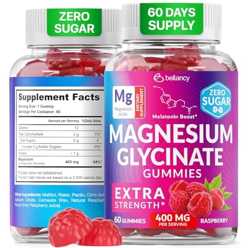 Magnesium Glycinate Gummies 400mg, Muscle Support and Relaxation, Magnesium Supplement for Women, Men and Kids, High Absorption, Sugar Free, Vegan, 60 Days Supply, Raspberry Flavor
