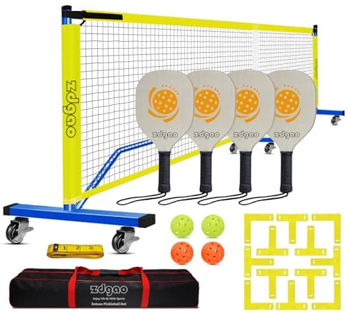 Zdgao Pickleball Nets with Wheels Portable Pickle Ball Set with Net and Pickleball Paddles of 4, 22FT Pickleball Net Outdoor Pickle Balls, Court Marking Kit, and Carrying Bag for Family, Home