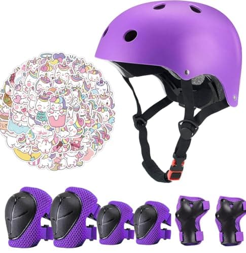 Kids Bike Helmet Pads with Knee Elbow Wrist Pads Guards,Toddler Adjustable Pink Helmet Girls Child with Unicorn Sticker Purple