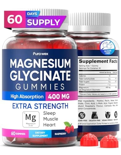 Magnesium Glycinate Gummies 400mg, High Absorption Magnesium Supplement for Women, Men and Kids, Muscle Support and Relaxation, Sugar Free, Vegan, 60 Days Supply
