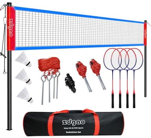 Badminton Set for Backyard, Portable Badminton Net with Tension Adjuster, Badminton Racket Set of 4, 3 Nylon Shuttlecocks, Boundary Line and Carry Bag for Backyard Beach Family Games