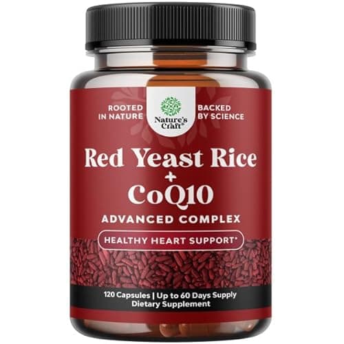 Natures Craft Red Yeast Rice with CoQ10 Supplement - Advanced Healthy Heart & Healthy Cholesterol Levels Formula for Men & Women - Red Yeast Rice Capsules with 1200 mg per Serving and CoQ10-120 Count