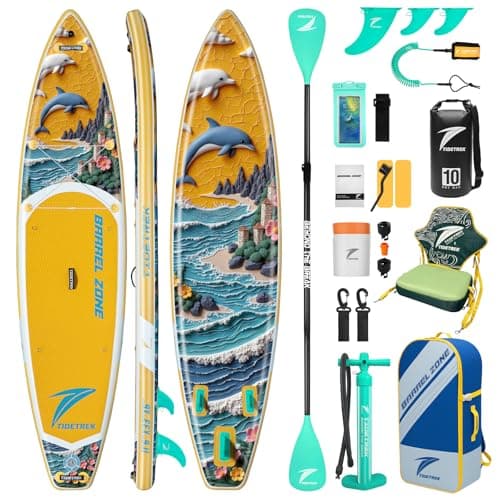 TIDETREK 11'/11'6" x 33"/34" x 6" Inflatable SUP Paddle Board – Extra-Wide, Stable Stand Up Paddle Board with Premium Full Accessory Set for Adults & Youth (Sunny Wave/Kayak Seat, 11'6"x33"x6")