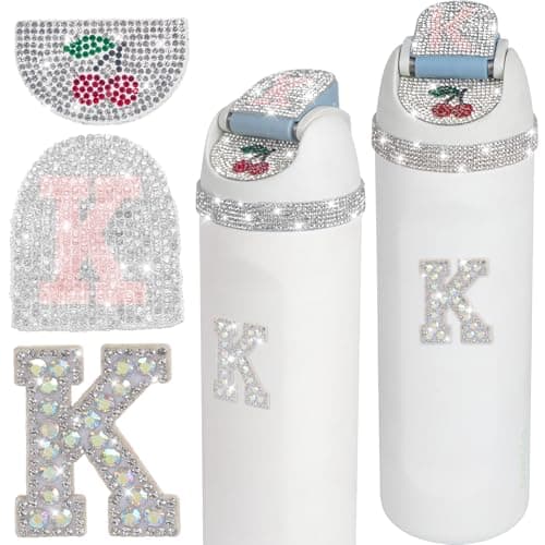 JUNIQUTE 4 PCS Use for Owala Water Bottle 16oz 24oz 32oz 40oz Accessories,Juni QUTE, Bling Rhinestone Letter Charms and Stickers Cherry Designs for Owala (K)