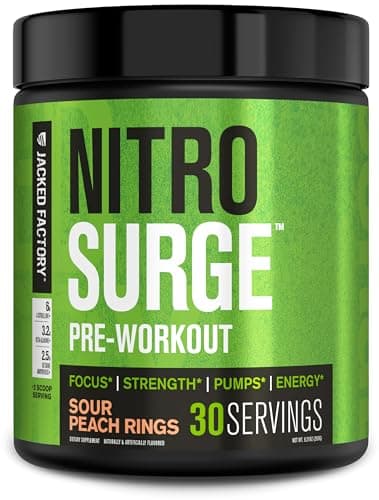 Jacked Factory NITROSURGE Pre Workout Supplement - Endless Energy, Instant Strength Gains, Clear Focus, Intense Pumps - NO Booster & Powerful Preworkout Energy Powder - 30 Servings, Sour Peach Rings