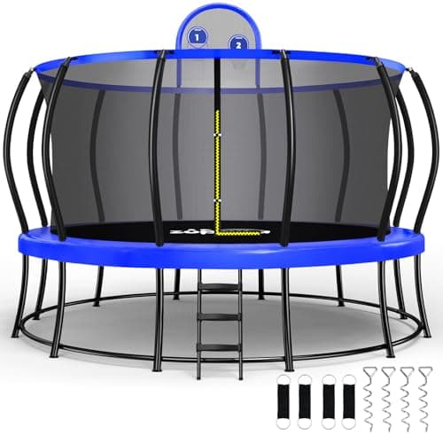 Zupapa 1800LBS Capacity Double Frame Trampoline 16 15 14 12FT No-Gap Safety Design Curved Poles & Basketball Hoop 10-Year Quality Assurance Perfect for Kids & Family Outdoor Fun