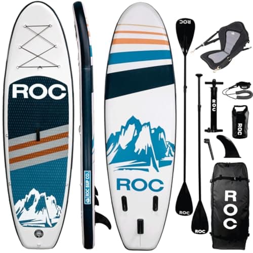 Roc Inflatable Stand Up Paddle Board with Premium SUP Paddle Board Accessories, Wide Stable Design, Non-Slip Comfort Deck for Youth & Adults (Navy W/Kayak Seat)