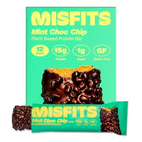 Misfits Vegan Protein Bars - Mint Chocolate Chip | Nutrition Bars - 15g Protein, 1g Sugar, Plant-based, Low Carb, Non-GMO, Gluten Free Snacks | Pack of 12