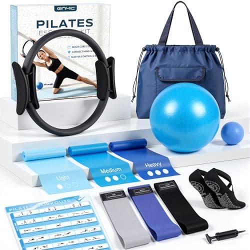 GINMIC Pilates Equipment, Pilates Kit for Women Home Workouts, at Home Pilates Set with Pilates Ring, Pilates Ball, Long and Loop Resistance Bands, Pilates Socks, Massage Ball, Guide & Bag