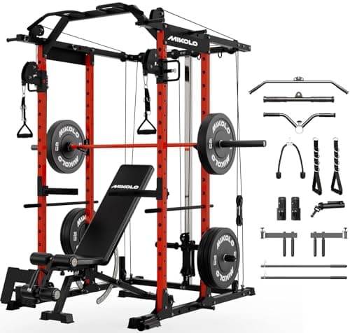 Mikolo K6 Power Cage, Power Rack with Cable Crossover System, Home Gym Packages with Weight Bench, Olympic Barbell, 230b Rubber Weight Set-Red