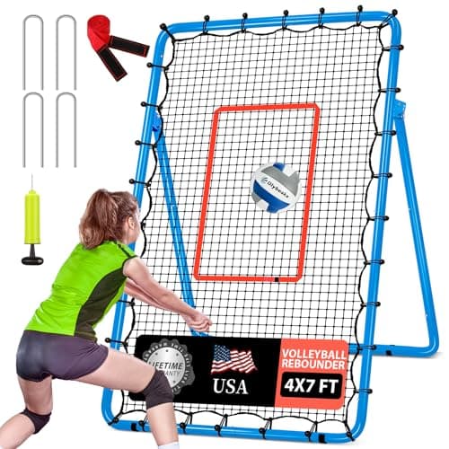 Adjustable Volleyball Rebounder Net 7x4 ft with PU Volleyball and Stakes - Bounce Back Training Equipment for Practicing Volleying, Bumping, Spiking, Easy Set Up & Steady for Multi Sports (Blue)