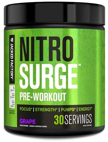 Jacked Factory NITROSURGE Pre Workout Supplement - Endless Energy, Instant Strength Gains, Clear Focus, Intense Pumps - Nitric Oxide Booster & Powerful Preworkout Energy Powder - 30 Servings, Grape