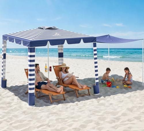 Rhino Valley Beach Cabana, 120 Sq. Ft Beach Canopy UPF50+ Protection, Easy Setup & Adjustable Height Beach Tent Sun Shelter with Cup Holder, Portable for 4-8 People, Blue & White Stripes
