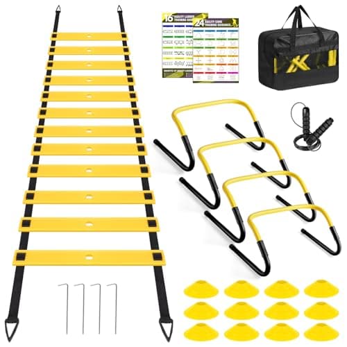 BORNEW Agility Speed Training Equipment Set, Soccer Practise Kit with 20ft Agility Ladder, 12 Cones, 4 Adjustable Hurdles, Jump Rope, for Basketball, Football, Kids, Youth, Adults
