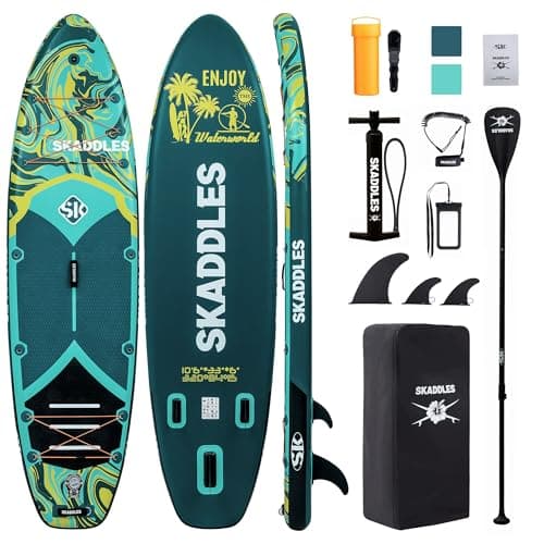 SKADDLES 10’6’’ Inflatable Stand Up Paddle Board (SUP) for Adults and Youth with Non-Slip Deck – Complete Accessories Kit, Perfect for Fishing, Yoga, Fitness & Family Fun (Dark Green Water Ripple)