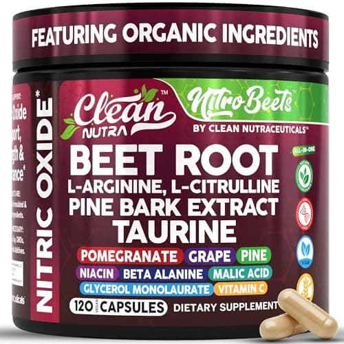 Clean Nutra Organic Beet Root Capsules L Arginine L Citrulline Pine Bark Nitric Oxide Beetroot Powder Arginine Citrulline Supplement Pre Workout Supplements Extract – 120 Vegan Pills