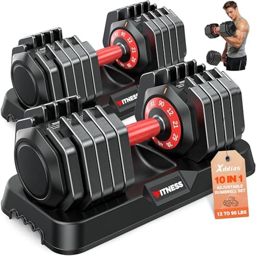 XDDIAS Adjustable Dumbbell Set of 2, 25/55/80/90LB Dumbbell Set- 1-Hand Fast Adjustment with Anti-Slip Handle, Compact Free Weights Dumbbells Set for Men/Women Home Gym Strength Training Equipment (90LB-Pair-10-Gears)