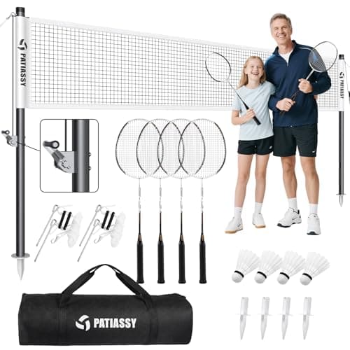 Patiassy Professional Badminton Set with Carbon Aluminum Badminton Rackets Set of 4, Outdoor Portable Badminton Net with Winch System, 4 Nylon Badminton Shuttlecocks and Bag