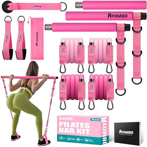 Ayombo Pilates Bar Kit with Resistance Bands, Adjustable Pilates Equipment for Legs, Hip, Waist, Arm, Squats Exercise Equipment for Home Gym Workouts, 3-Section Pilates Bar Kit for Women & Men